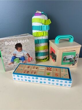 Lovevery toy Lot Buckle Barrel, Lockbox & Subitizing Dominoes, Baby Math Book